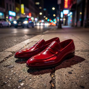 Low-angle shot of red leather loafers on a cobblestone street at night with cinematic city lights.