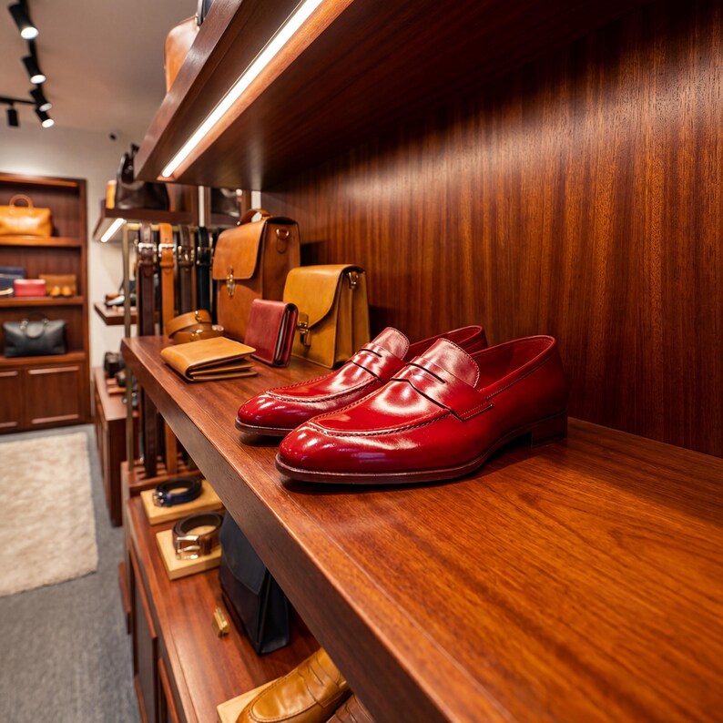 Pair of high-shine oxblood red mens loafers displayed on a dark wood boutique shelf with leather accessories.