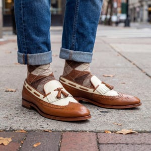 May include: A pair of brown and white leather tassel loafers with brogue detailing. The shoes are paired with argyle socks in shades of brown and beige, and blue denim jeans with rolled cuffs. The shoes are on a concrete surface.