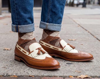 Mocassins à pampilles bicolores Chaussures habillées brogue Kiltie pour hommes
