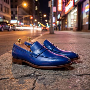 Luxury blue leather shoes placed on a city sidewalk at night with blurred neon lights and street traffic.