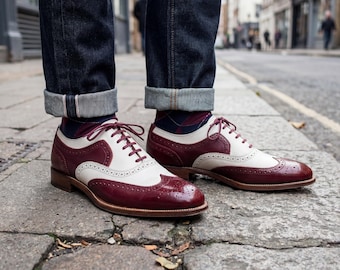 Handmade Spectator Shoes Men's Leather Brogue Oxfords Two Tone Burgundy Cream Custom Wedding Footwear