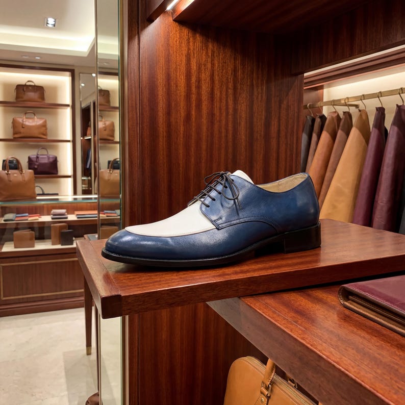 Side profile of handmade two-tone blue leather derby shoes on a wooden display shelf.