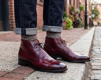 Handmade Burgundy Full Grain Leather Chukka Boots Men