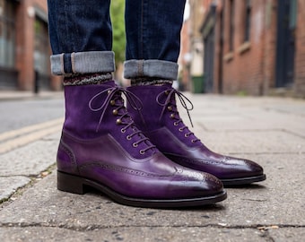 Men’s Purple Suede Wingtip Brogue Shoes – Handmade Leather Dress Shoes Wedding Prom Formal