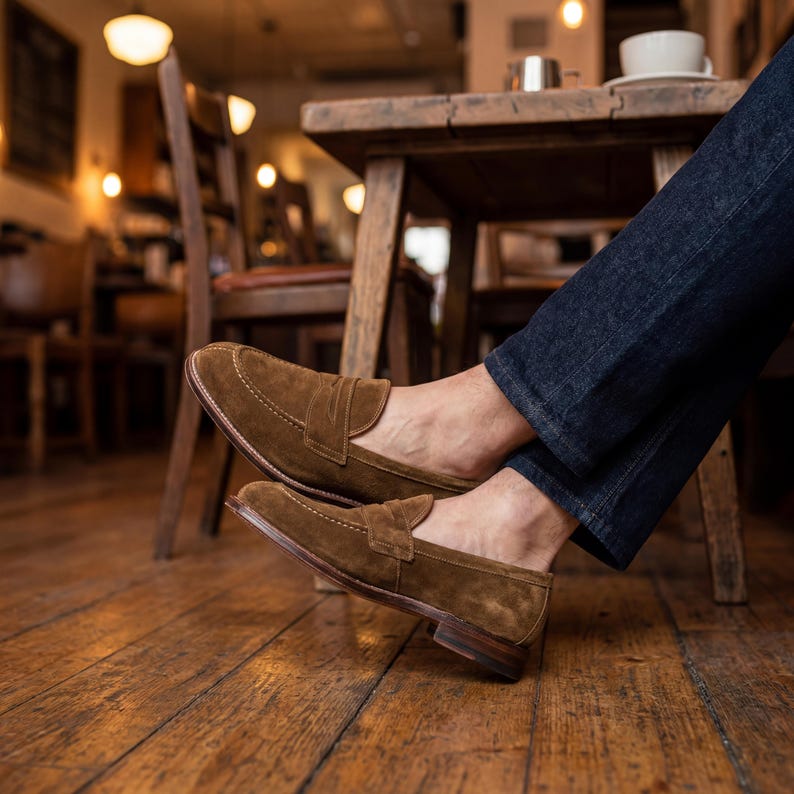 Close-up of handmade brown suede penny loafers with hand-stitched split toe apron and leather sole.