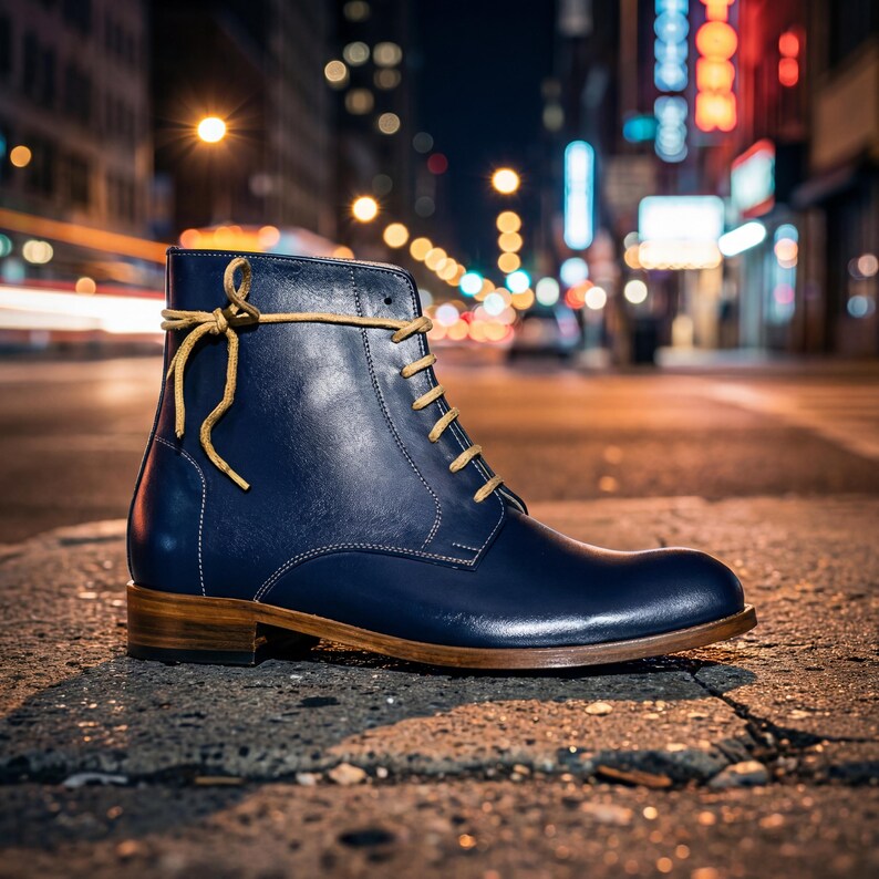 Close-up of handmade blue leather boot showing fine stitching and waxed yellow laces detail.