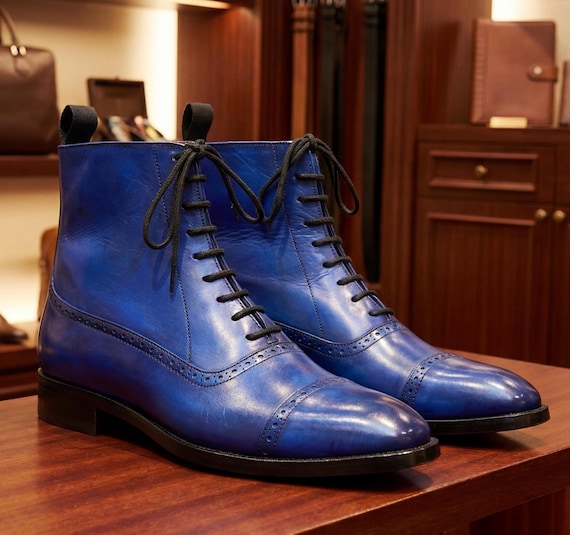 Handmade Blue Leather Men Dress Boots Cap Toe Balmoral Shoes