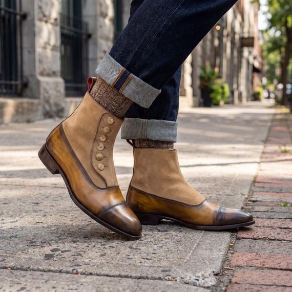 Handmade Tan Button Boots Men's Two Tone Suede Leather