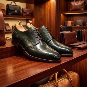 Dark green men's wedding shoes on display with cedar shoe trees in a luxury boutique.