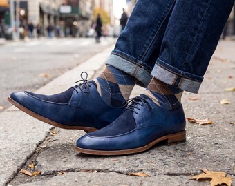 Blue Leather Suede Derby Shoes Handmade Men's Luxury Dress Shoe