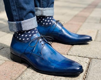 Handmade Blue Leather Derby Shoes Men Patina Dress Shoes