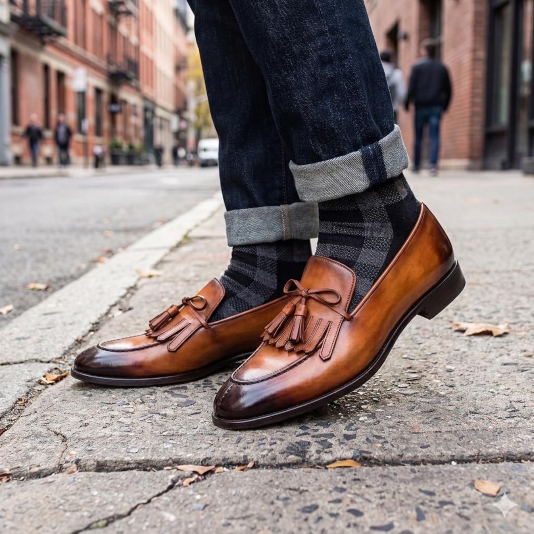 Handmade Tan Leather Tassel Loafers Men Kiltie Fringe Shoe