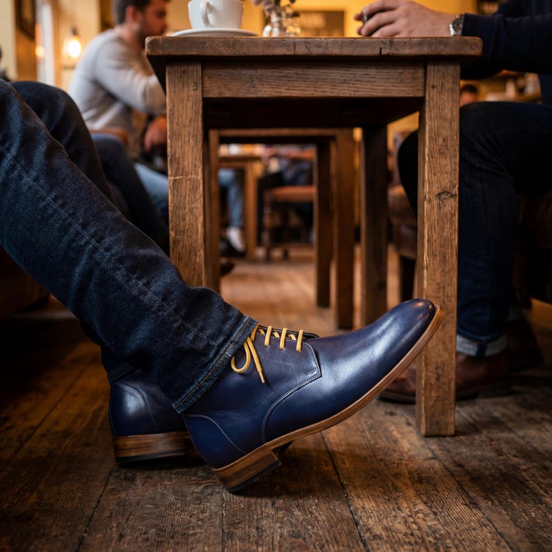 Person wearing blue leather dress boots with dark wash denim jeans in a rustic cafe.