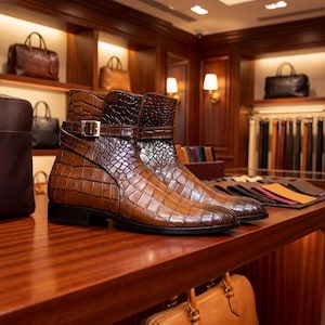 Pair of men's designer Jodhpur boots on a boutique wooden shelf with luxury leather bags.
