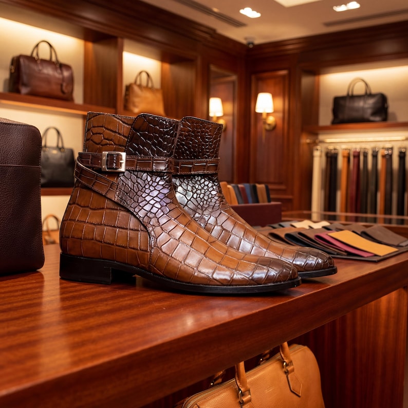 Pair of men's designer Jodhpur boots on a boutique wooden shelf with luxury leather bags.