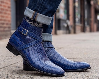 Luxus Navy Alligator Geprägte Leder Herren Ankle Jodhpur Boots