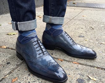 Navy Blue Leather Wingtip Brogue Oxford Men Dress Shoes