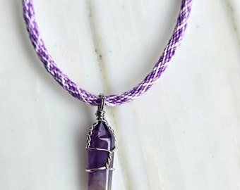 Kumihimo braided necklace with amethyst pendant