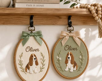 Embroidered Custom Dog Hoop, Personalized Dog Portrait with Floral, Floral Pet Wall Decor, Basset Hound, Dog Lover Gift, Pet Keepsake Decor