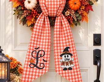 Ghost Halloween Wreath Sash, Personalized Hey Boo Door Hanger,  Embroidered Custom Monogram Door Bow, Cute Spooky Ghost Front Door Decor
