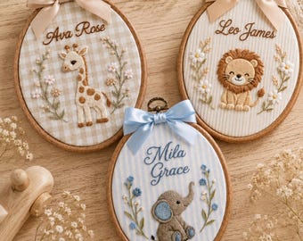 Embroidered  Custom Animal Name Sign, Personalized  Safari Nursery Hoop, Giraffe Lion Elephant Wall Art, Baby Shower Gift