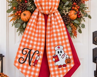 Personalized Nurse Halloween Wreath Sash, RN Monogram Door Bow, Embroidered Nurse Ghost Decor, Custom Nurse Gift, Halloween Decor,Graduation