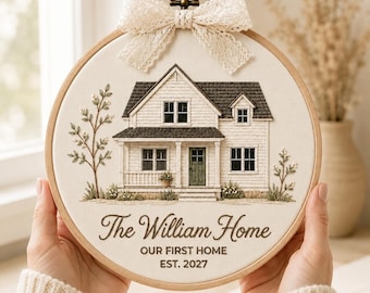 Custom House Portrait Embroidery Hoop from Photo, Personalized Family Name Wall Decor, First Home Gift, Housewarming Gift , Newlywed Gift