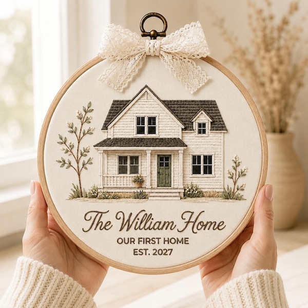 Custom House Portrait Embroidery Hoop from Photo, Personalized Family Name Wall Decor, First Home Gift, Housewarming Gift , Newlywed Gift