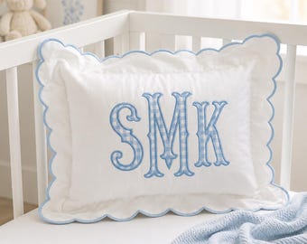 Embroidered Custom Monogram Pillow Cover, Personalized Blue Gingham Initials, Scalloped Nursery Pillow, Baby Boy Room Decor,Baby Shower Gift