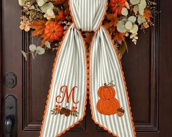 Embroidered Pumpkin Monogram Wreath Sash, Personalized Fall Door Bow, Autumn Harvest Front Door Decor, Thanksgiving Gift, Hostess Gift