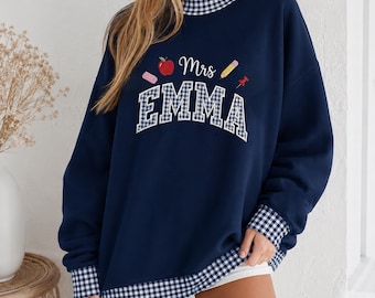 Personalized Teacher Gingham Mock Neck Sweatshirt: Embroidered Mrs Mr Shirt, Apple Pencil Eraser Shirt, Back To School Gift, Teacher Life