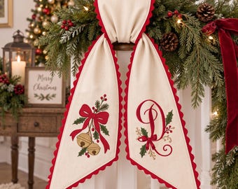 Personalized Christmas Wreath Sash,Embroidered Monogram Door Bow,Christmas Bells Front Door Decor,Christmas Wreath Bows,Bow Tree Wreath Sash