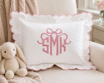 Personalized Monogram Pillow Cover, Scalloped Nursery Pillow, Pink Bow Embroidery, Baby Girl Room Decor, Baby Shower Gift, Newborn Keepsake