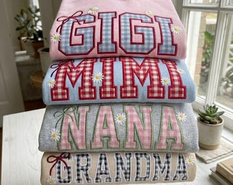 Embroidered Gingham Appliqué Shirt, MAMA Appliqué Embroidery Design with Bow, Custom Applique Letters Gift, Mother's day,Mama Gigi Nana Gift