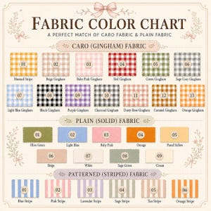 May include: A fabric color chart displaying three categories: Caro Gingham, Plain Solid, and Patterned Striped fabrics. Each swatch is numbered and labeled with colors including mustard, pink, red, green, gray, blue, black, purple, and orange.