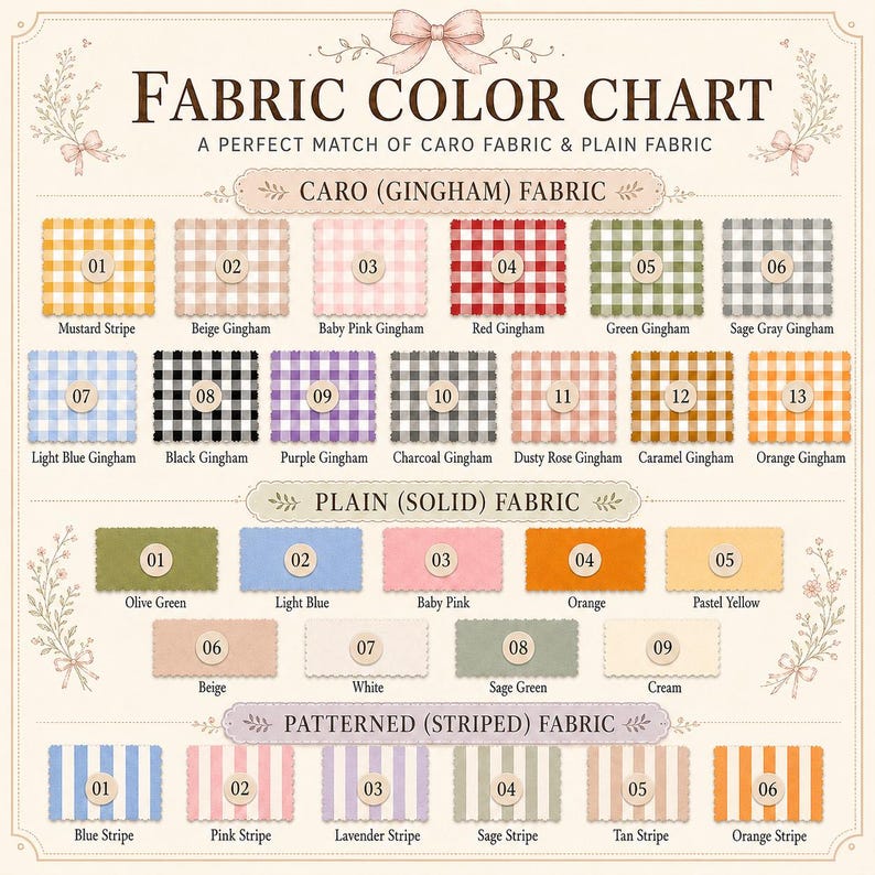 May include: A fabric color chart displaying three categories: Caro Gingham, Plain Solid, and Patterned Striped fabrics. Each swatch is numbered and labeled with colors including mustard, pink, red, green, gray, blue, black, purple, and orange.