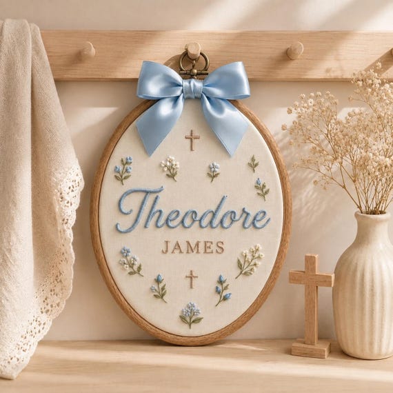Personalized Christian Nursery Embroidered Hoop, Custom Baby Name Sign , Faith Ornament, Baptism Gift, Religious Nursery Decor