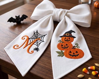 Personalized Pumpkin Wreath Sash for Halloween, Witch Hat Wreath Bow, Embroidered Custom Monogram Door Bow, First Halloween Gift, Fall Decor