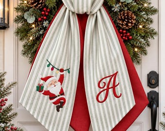 Personalized Santa Christmas Wreath Sash, Embroidered Custom Monogram Front Door Decor, Striped Christmas Wreath Bow, Holiday Wreath Accent