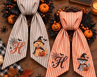 Custom Pet Portrait Halloween Wreath Sash, Personalized Dog Photo  Wreath Bow, Embroidered Monogram Witch Dog Door Decor, Cat Lover Gift