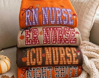 Custom Fall Nurse Applique Sweatshirt, Personalized Plaid Crewneck with Bow Pumpkin, Nurse Appreciation Gift for RN ER ICU Night Shift