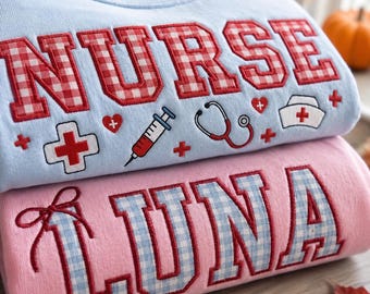 Embroidered Custom Nurse Applique Sweatshirt, Personalized Gingham RN Crewneck, Nurse Graduation Gift, Nurse Shirt, Gift For Nurse