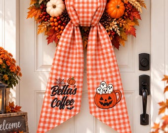 Coffee Halloween Wreath Sash, Personalized Coffee Shop Decor, Fall Kitchen Door Bow, Cute Ghost Pumpkin Mug Decor, Coffee Shop Owner