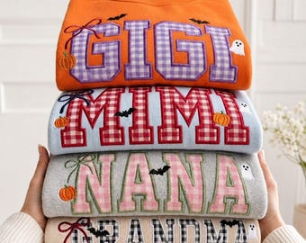 Embroidered Custom Grandma Applique Sweatshirt, Personalized Gigi Mimi Nana Crewneck, Halloween Shirt,Bow Gingham Pattern Shirt,Gift For Her