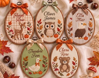 Personalized Baby First Halloween Ornament, Embroidered Custom Nursery Animal Hoop, Custom Name Sign, Fall Nursery Decor, Baby Shower Gift