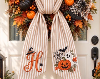 Personalized Ghost Pumpkin Halloween Wreath Sash, Embroidered Custom Monogram Door Bow, Spooky Front Door Decor, First Halloween Gift