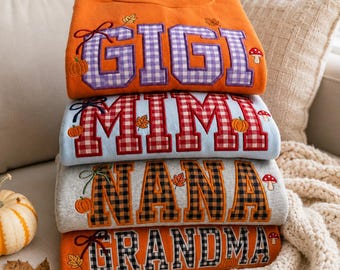 Personalized Applique Grandma Sweatshirt, Embroidered Custom Plaid Crewneck, Bow Pumpkin Fall Shirt, Gift for Grandma, Gigi, Mimi, Nana