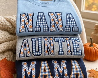 Embroidered Custom Fall Applique Sweatshirt, Personalized Nana Auntie Mama Gingham Crewneck, Pumpkin Family Shirt, Gift for Grandma Mom Aunt