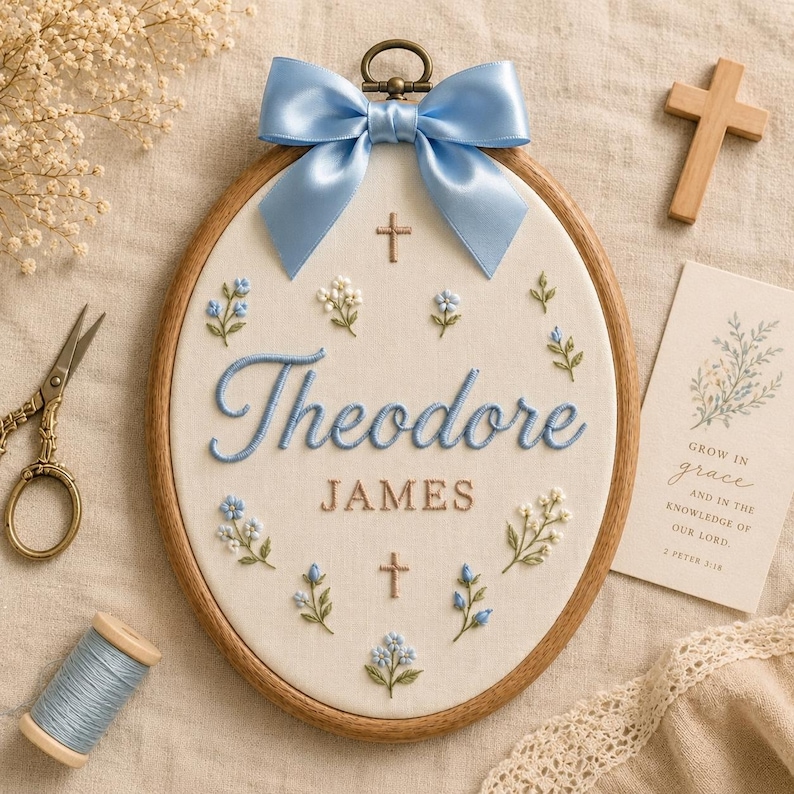 May include: An oval wooden embroidery hoop containing white fabric with the embroidered name Theodore James in blue and brown thread. The design features small blue and white floral sprigs, two small crosses, and a large light blue satin bow.